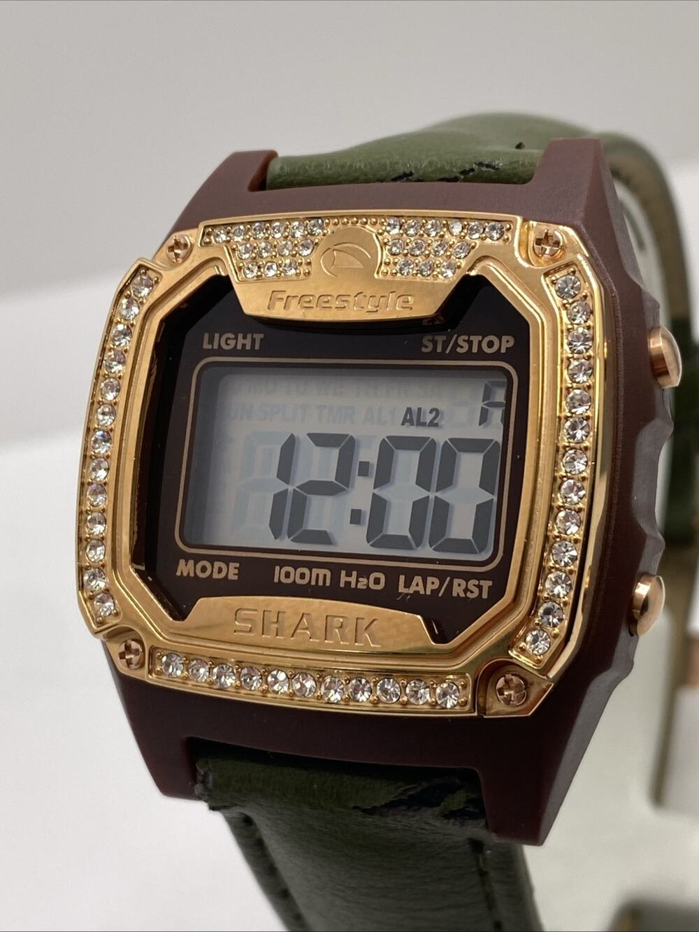 Freestyle Shark Rosegold Rhinestone Green Band Surfing Summer Watch New Battery